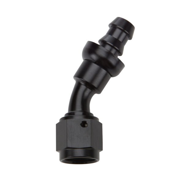 ALLSTAR PERFORMANCE Pushlock Hose End Black 30 Deg Elbow -8Fitting – Hose End – 30 Degree – 8 AN Hose Barb to 8 AN Female – Aluminum – Black Anodized – Each ALL49423