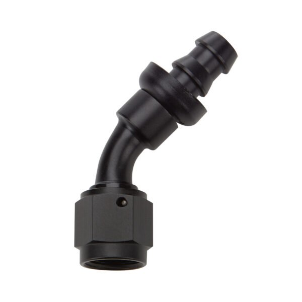 ALLSTAR PERFORMANCE Pushlock Hose End Black 45 Deg Elbow -10Fitting – Hose End – 45 Degree – 10 AN Hose Barb to 10 AN Female – Aluminum – Black Anodized – Each ALL49434