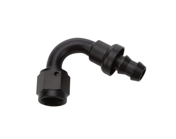 ALLSTAR PERFORMANCE Pushlock Hose End Black 120 Deg Elbow -6Fitting – Hose End – 120 Degree – 6 AN Hose Barb to 6 AN Female – Aluminum – Black Anodized – Each ALL49462