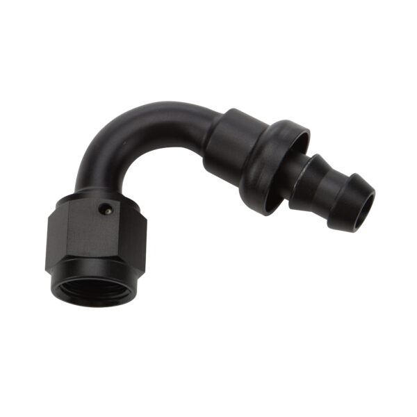 ALLSTAR PERFORMANCE Pushlock Hose End Black 120 Deg Elbow -10Fitting – Hose End – 120 Degree – 10 AN Hose Barb to 10 AN Female – Aluminum – Black Anodized – Each ALL49464