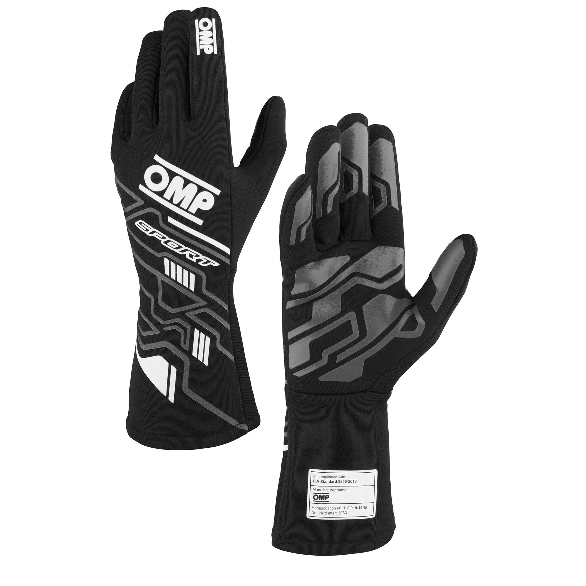 OMP RACING, INC. SPORT GLOVES FIA 8856-20 18 BLACK / WHITE SZ. XS IB0-0777-A01-076-XS