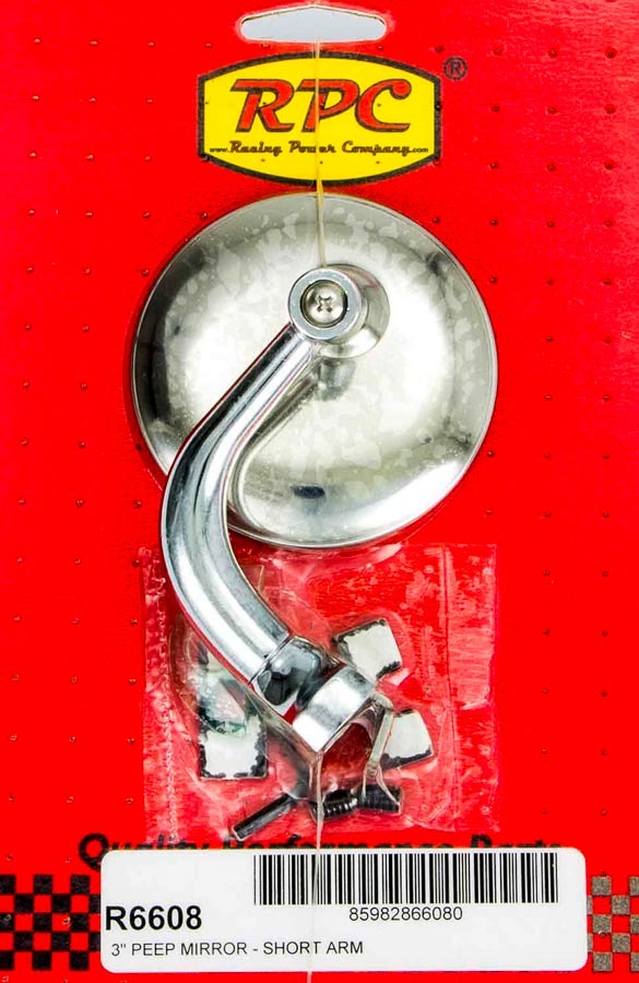 RACING POWER CO-PACKAGED Chrome Steel Peep Mirror w/Short Arm 3in R6608