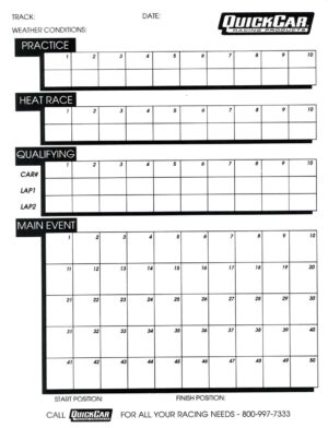 QUICKCAR RACING PRODUCTS Time Organizer Sheets 50 Lap 51-230