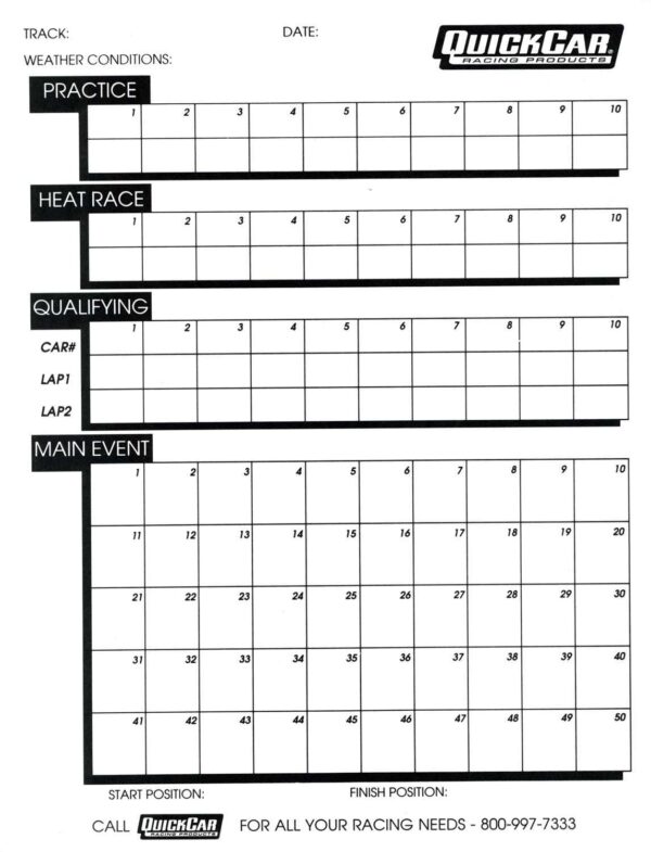 QUICKCAR RACING PRODUCTS Time Organizer Sheets 50 Lap 51-230