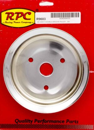 RACING POWER CO-PACKAGED SBC 2GROOVE CRANK PULLEY SHORT PUMP CHROME R9603