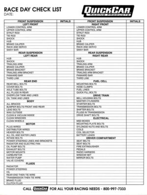 QUICKCAR RACING PRODUCTS Race Day Check-List 51-237